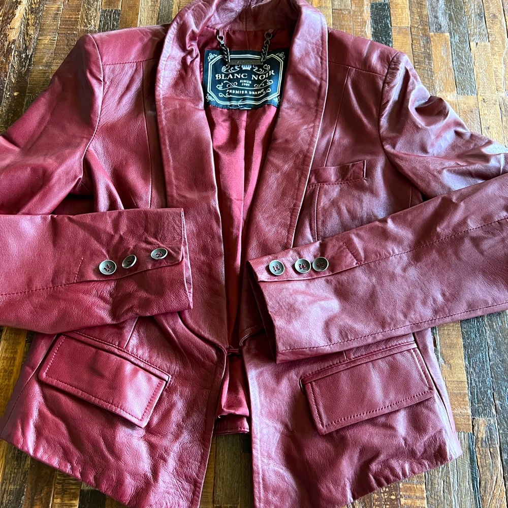 blanc noir Women's Burgundy Leather Blazer Jacket